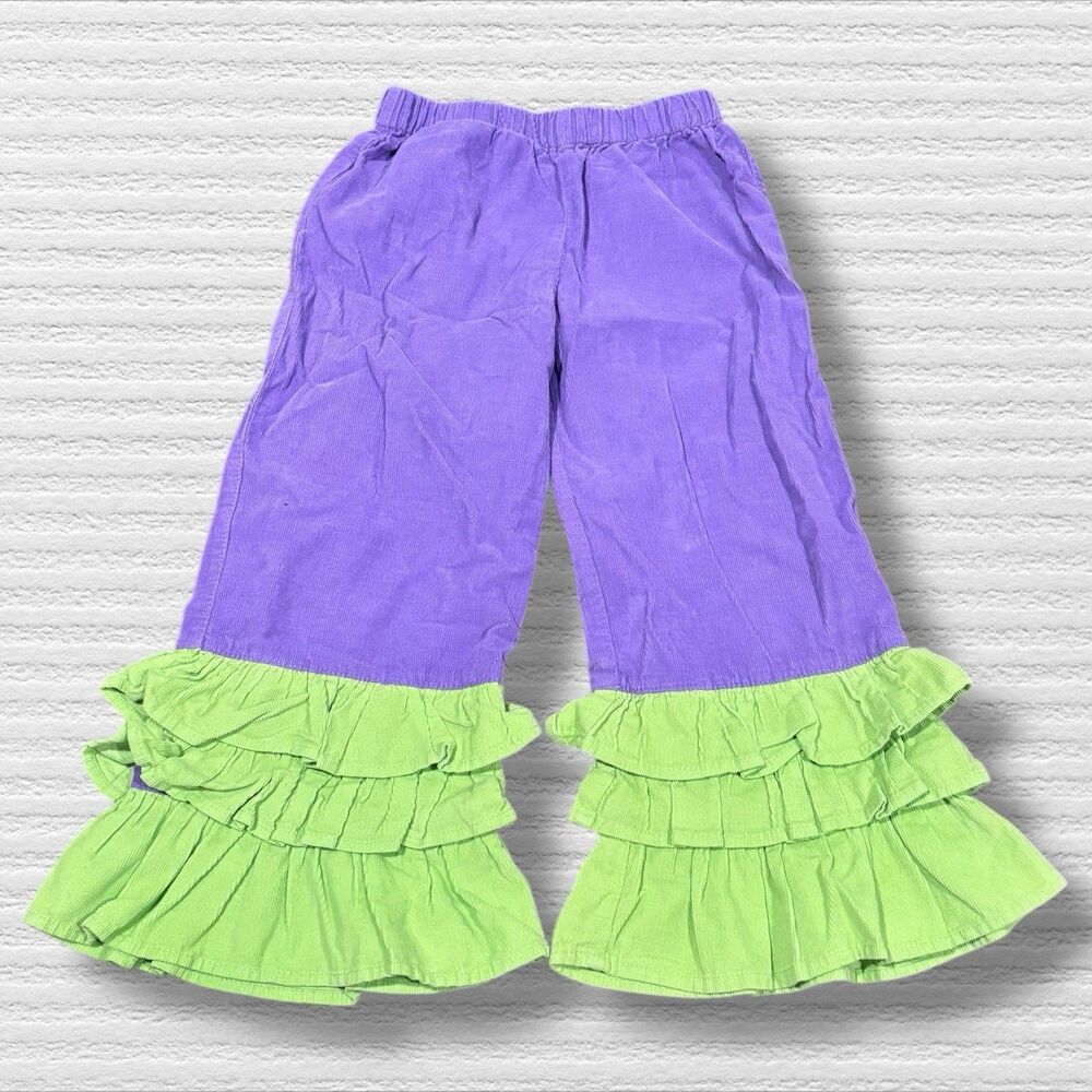 Lolly Wolly Doodle Micro Cord Corduroy Triple Ruffle Purple & Green Pants Size 4